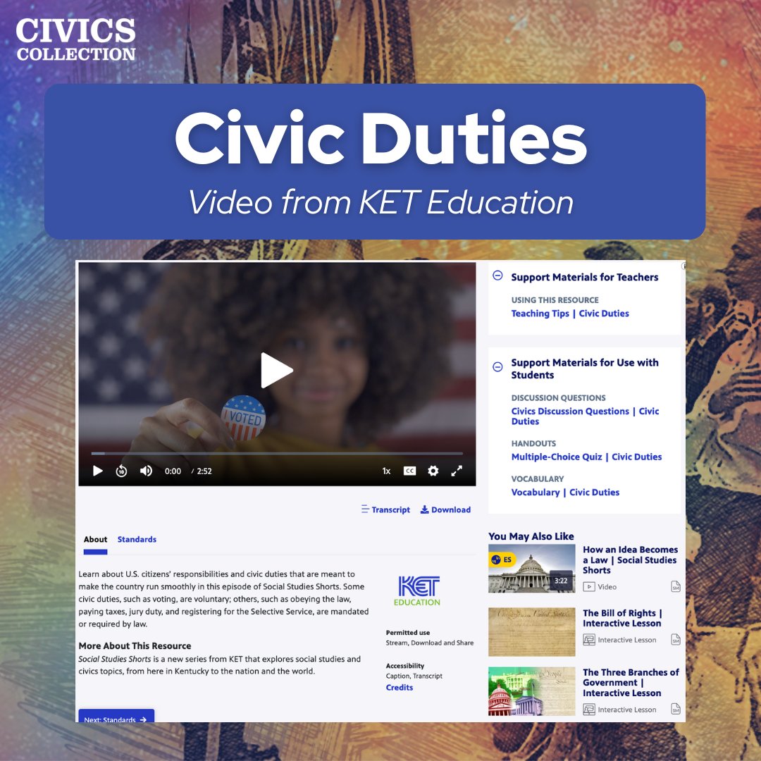 GBH Education (@gbheducation) on Twitter photo Have your students learn about U.S. citizens’ responsibilities and civic duties that are meant to make the country run smoothly in this <a href="/EducationKET/">KET Education</a> video from the Civics Collection.
Find the video, teaching tips, discussion questions, and more here: bit.ly/3AXEqYc Have your students learn about U.S. citizens’ responsibilities and civic duties that are meant to make the country run smoothly in this <a href="/EducationKET/">KET Education</a> video from the Civics Collection.
Find the video, teaching tips, discussion questions, and more here: bit.ly/3AXEqYc