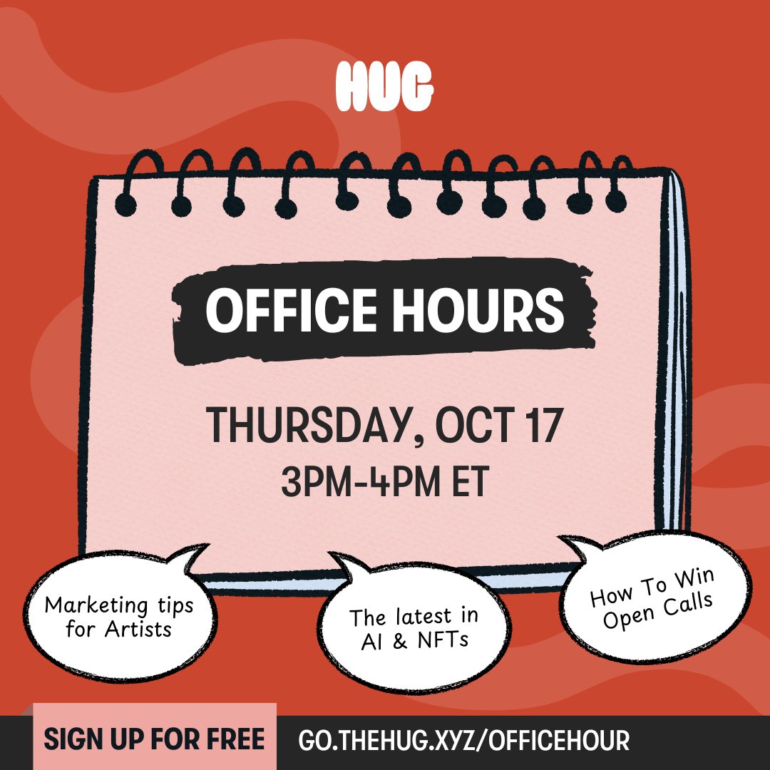 You asked! We answered. 

Join <a href="/debsoon/">Debbie Soon</a> with team HUG for our first-ever Office Hours on October 17, as we give you guidance and actionable advice on topics of your choosing: 

→ Marketing &amp; Art Business 
→ Curation &amp; Open Call Strategies 
→ AI &amp; DeFi Tools 

...and anything