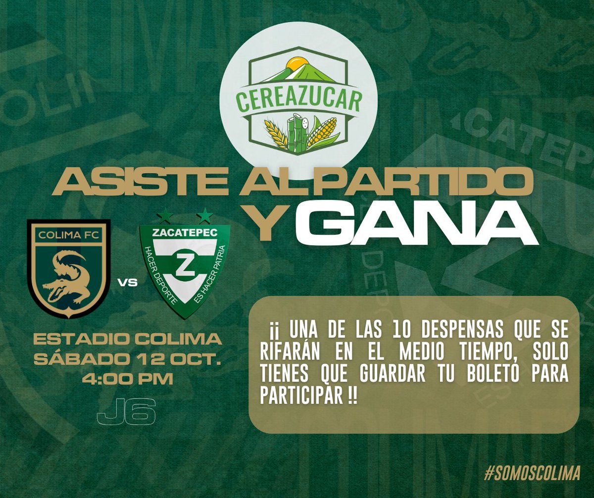Nuestros amigos de Comercializadora Cereazúcar tienen esta sorpresa para la Familia Caimán!! 🥳👏No te quedes sin participar, nos vemos este sábado 12 de octubre a las 4 pm en el Estadio Colima!! 💚🐊#SomosColima