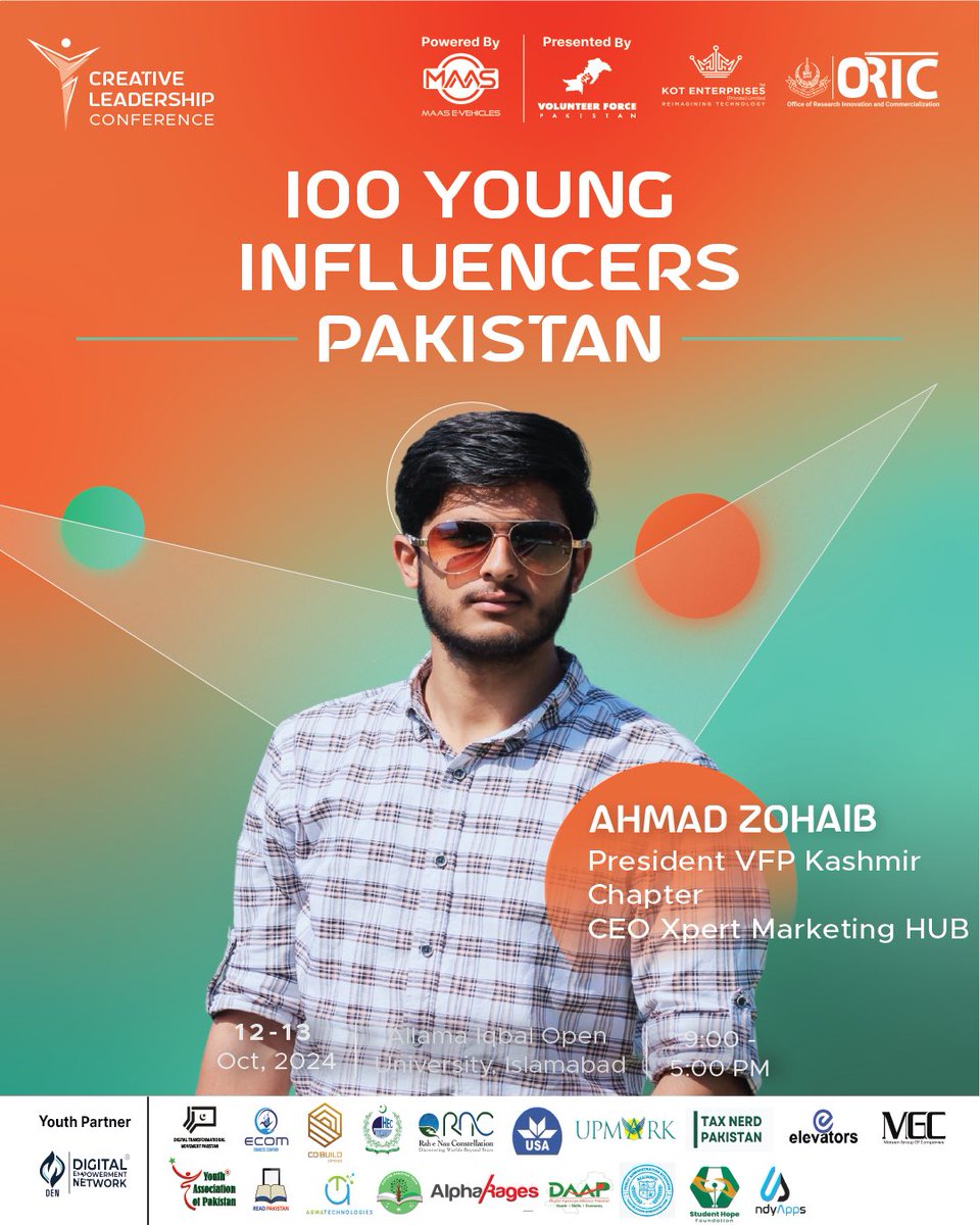 We are thrilled to introduce Ahmad Zohaib, President of the Volunteer Force Pakistan Kashmir Chapter and CEO of Expert Marketing Hub, as one of the 100 Young Influencers of Pakistan at the Creative Leadership Conference 2024! 🌟