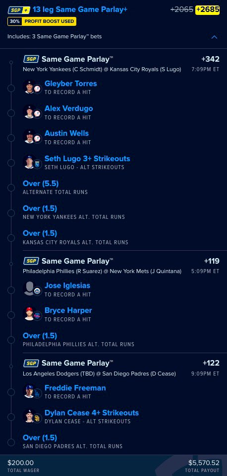 bbrownDTP's tweet photo. 🚨MLB Hits, Runs, and K’s Lay 
 (13-Leg/+2685 30% Boosted) 

🎯All Batters have an 100% Hit Rate H2H against the starting pitcher.  Runs and K’s have a 90-100% Hit Rate H2H 

📊Data provided by @hofbets use the Parlay Optimizer today and create your own lays. Sign up link and promo code below ⬇️

Use code BB50 for 50% off your first month: https://t.co/MkHqgr8ORi

Check out my bet on FanDuel Sportsbook! 
 https://t.co/yy1101j44i