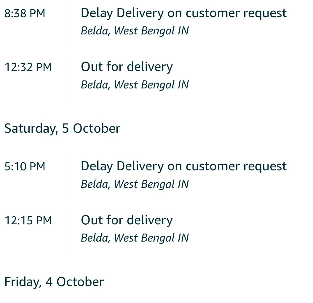 royarnabroy's tweet photo. @amazonIN , @delhivery , my order is stuck at nearest hub from 5th Oct to today (9th Oct, estimated arrival date) package is not delivered yet. The status gets updated from out for delivery to rescheduled on  customer request. Although no calls received from courier. Bad service https://t.co/KPo8xSruTw