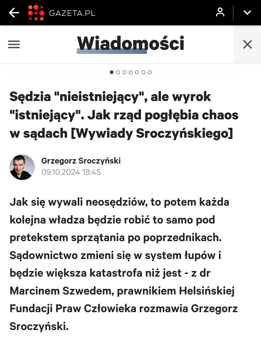 - W Fundacji Helsińskiej uważamy, że każdy neosędzia musi przejść osobne postępowanie, jeśli są argumenty, że konkretna nominacja była upolityczniona, to trzeba to udowodnić i wtedy usunąć takiego sędziego z zawodu - mówi Marcin Szwed z <a href="/hfhrpl/">Helsińska Fundacja Praw Człowieka</a>
👉wiadomosci.gazeta.pl/wiadomosci/7,1…
