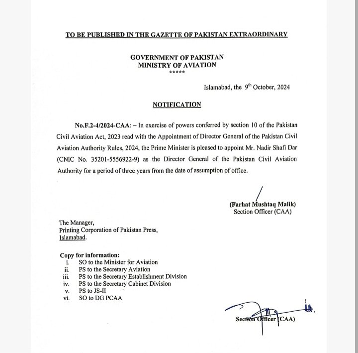 obaidaghajan's tweet image. Breaking.The 
 #AviationDivision appointed #NadirShafiDar the sitting Act DGCAA Reg as Directir General @PCAA.
He joined #PCAA as Mechanicals Eng in 1992, and after discharging many duties elevated as Act #DGCAA in 2024 .After shortlisting, he was notified  as #DGCAA.
@icao