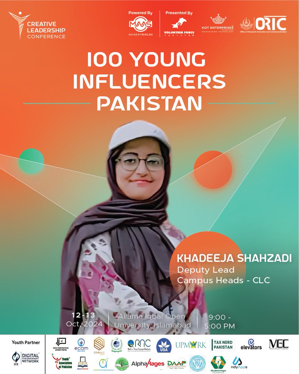 We are thrilled to introduce Khadija Shahzadi, Deputy Lead Campus Heads, as one of the 100 Young Influencers of Pakistan at the Creative Leadership Conference 2024! 🌟