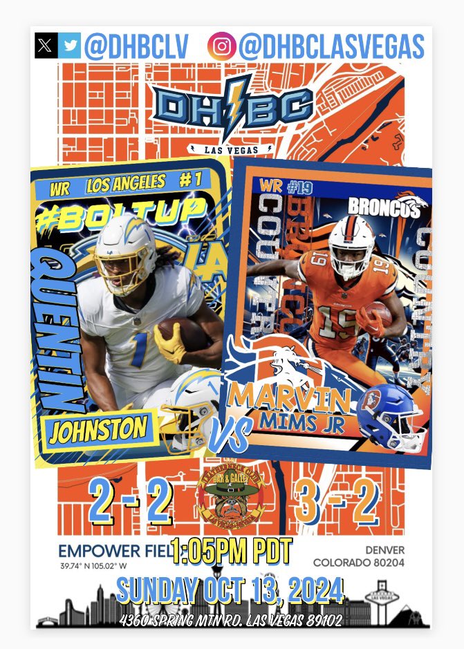 If you’re not gonna be in Denver, then join our Official Watch Party with our <a href="/DHBCLV/">DHBC Las Vegas</a> members &amp; prospects @ The Leatherneck Club while we watch Game 5 of our 2-2 Chargers vs the 3-2 Broncos this Sun Oct 13, 2024 @ 1:05pm PDT. <a href="/diehardboltclub/">#DHBC</a> 
#BoltUp #DieHardBoltClub🩵