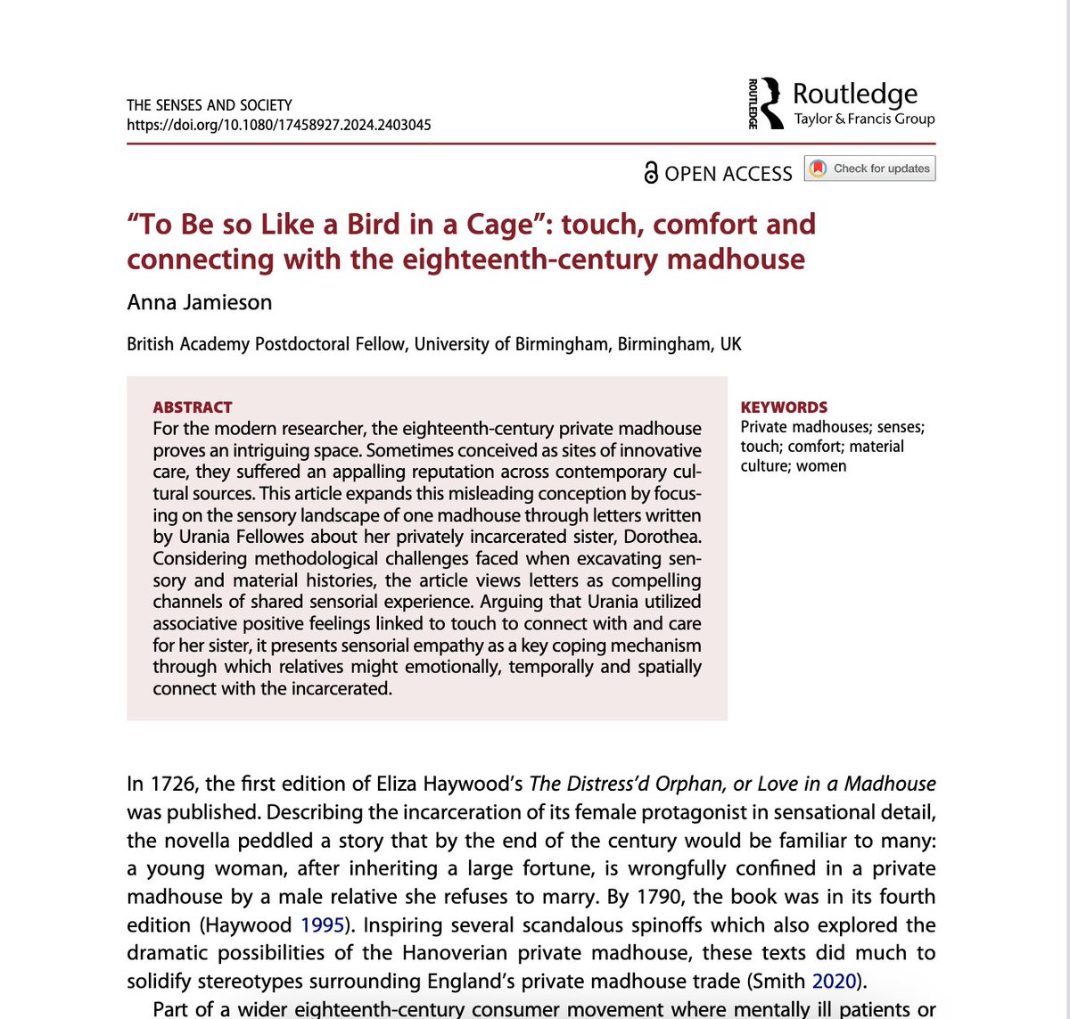 My article on touch, comfort &amp; the eighteenth-century private madhouse is now published open access in The Senses and Society, part of the "Senses and Health/Care Environments" Special Issue. Many thanks to Victoria Bates &amp; the wonderful editorial team... tandfonline.com/doi/full/10.10…