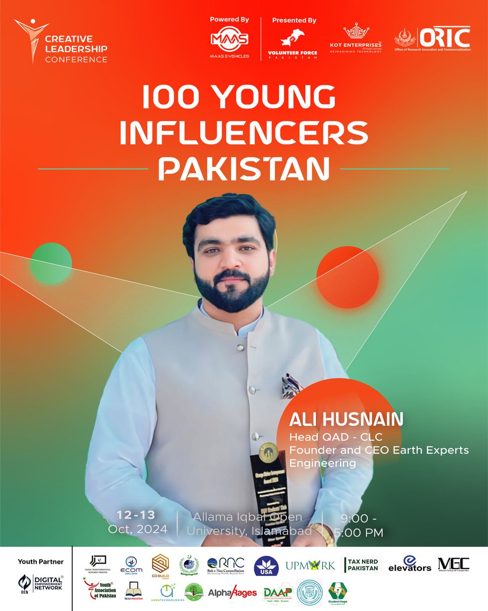 We are excited to introduce Ali Hasnain, Campus Head of Quaid-e-Azam University and Founder and CEO Earth Expert Engineering, as one of the 100 Young Influencers of Pakistan at the Creative Leadership Conference 2024! 🌟