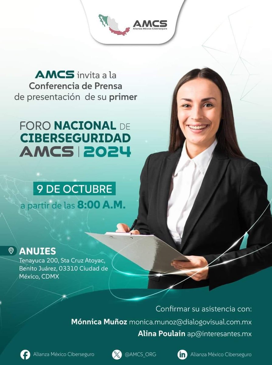 #Ciberseguridad || La Alianza México Ciberseguro <a href="/AMCS_ORG/">Alianza México CiberSeguro</a> realiza HOY el 1er Foro Nacional de Ciberseguridad de la Alianza México-CiberSeguro.

EN VIVO se tienen 2 salas

🖥️ Sala Verde 🟢 youtube.com/live/21h4jNgPB…

🖥️ Sala Azul 🔵 youtube.com/live/oQKwHRNIB…

• Conferencias