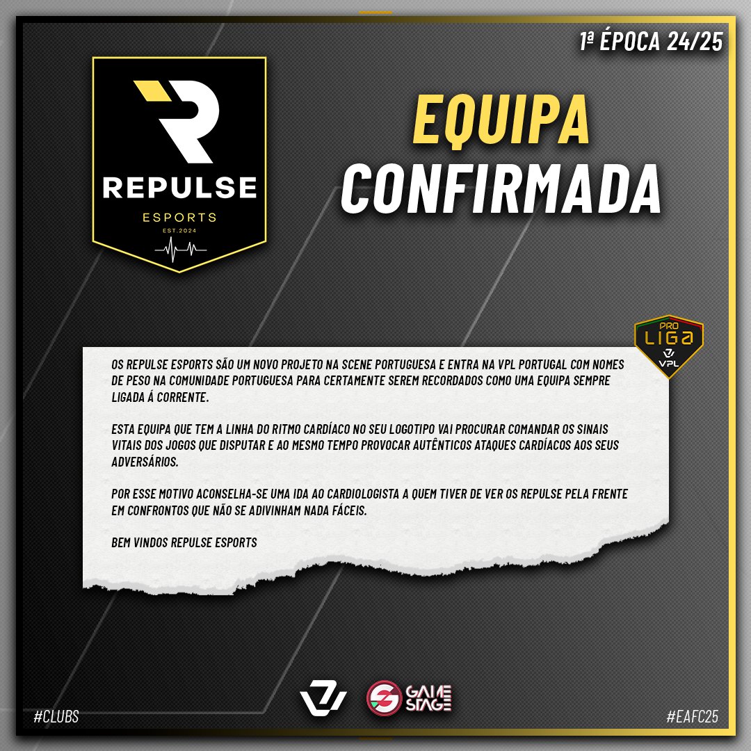 Comecemos as apresentações das equipas confirmadas 

@chievoveronis @repulseedports

#vplportugal #vplglobal #podcast #eafc25 #proclubs #esports #gaming #gamer #GamerLife