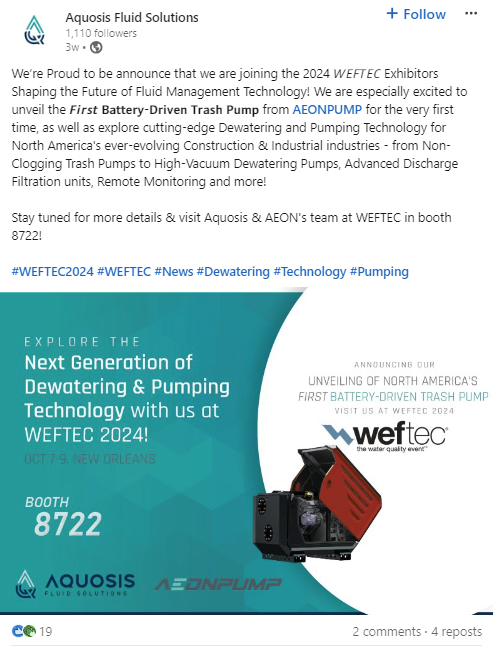 We got to be a small part of something huge this year. Congrats to Aquosis Fluid Solutions on their new technology! Booth 8722

"We’re Proud to be announce that we are joining the 2024 <a href="/WEFTEC/">WEFTEC</a> Exhibitors Shaping the Future of Fluid Management Technology! We are especially excited
