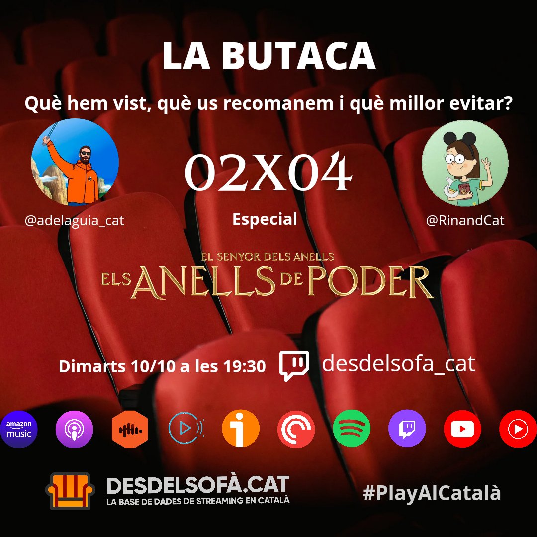 Desdelsofa_cat's tweet photo. 💺LA BUTACA 02X03💺
Demà a les 19:30 h torna la vostra tertúlia cinèfila preferida amb l'@adelaguia_cat i la @RinandCat. Tornem amb l'últim especial #ElSenyorDelsAnells #ElsAnellsDePoder per comentar els darrers capítol de la segona temporada.
🖥️ https://t.co/kauZqAeLg5 https://t.co/wlAXWOWKMY
