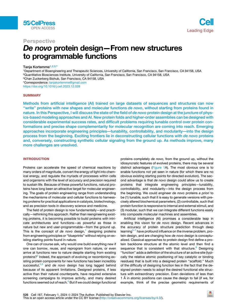 CellPressNews's tweet image. As part of our #CP50 Anniversary, @CellCellPress recently published a Perspective on the #NobelPrize in Chemistry winning topic of computational protein design. Read it below:

&quot;De novo protein design—From new structures to programmable functions&quot; cell.com/cell/fulltext/…