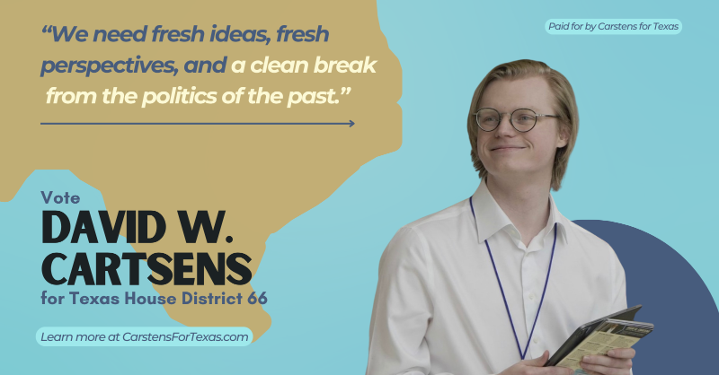 DavidWCarstens's tweet photo. Are you tired of politics and division? My whole life, politicians have fought about the same set of issues: the culture war, the border. They’ve brought no solutions or ideas. We need a new politics. Don’t vote for a party, vote for a person. Visit our website, or DM for more.