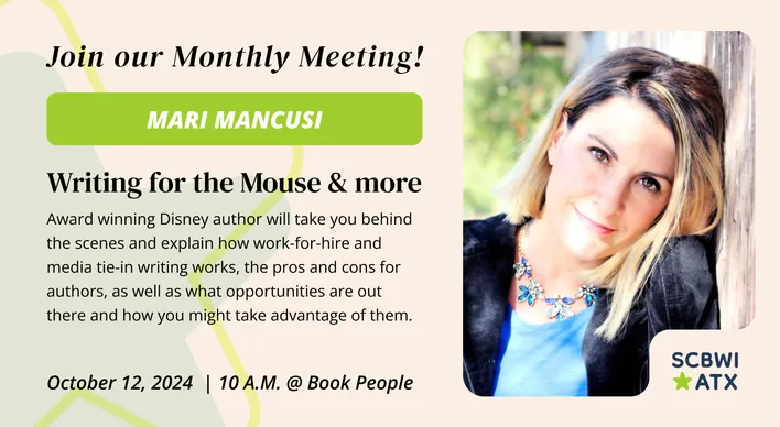Join us for our FREE monthly meeting this Saturday at @BookPeople, Writing for the Mouse and More with <a href="/marimancusi/">Mari Mancusi</a>! scbwi.org/events/monthly…