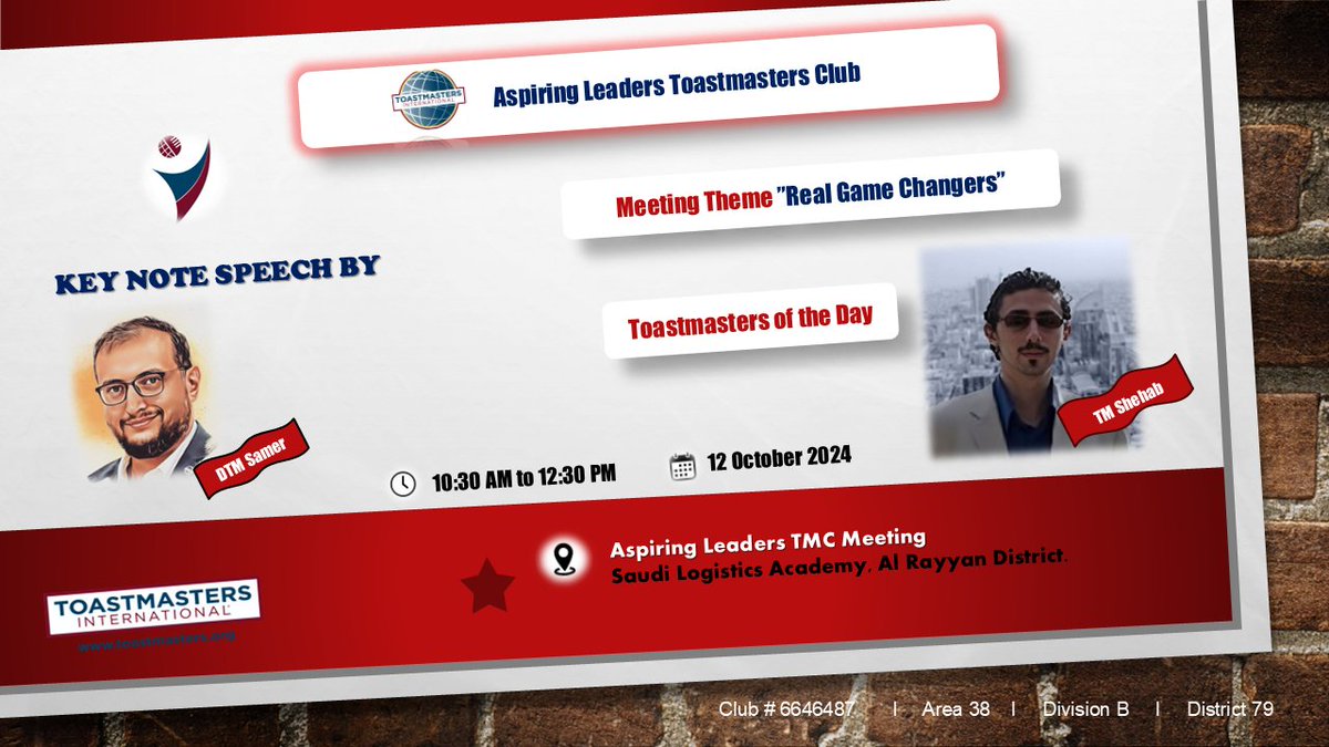AspiringClub's tweet image. Welcome to our weekly meeting 🔥 
We invite you to participate in an engaging and valuable meeting led by esteemed TMOD, Shehab El Najjar, who will delve into his topic, "Real Game Changers"👏 

#toastmaster #toastmastersinternational