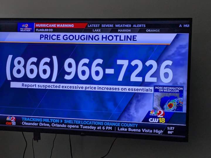 greennomad61's tweet image. Number to report 
PRICE GOUGING which always seems to happen during a catastrophic event. 🙄

#HurricaneMilton 
#Milton 
#PriceGouging HOTLINE ☎️
#Florida 

👉🏼 (866)-966-7226 👈🏼