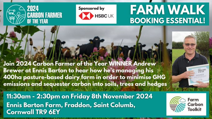 Join us for this free Farm Walk with 2024 Carbon Farmer of the Year Andrew Brewer and find out how he's managing his 400ha pasture-based #DairyFarm to minimise GHG emissions &amp; sequester carbon into soils, trees &amp; hedges👇
eventbrite.co.uk/e/carbon-farme…
#soilcarbon #teamdairy <a href="/HSBC_UK/">HSBC UK</a>
