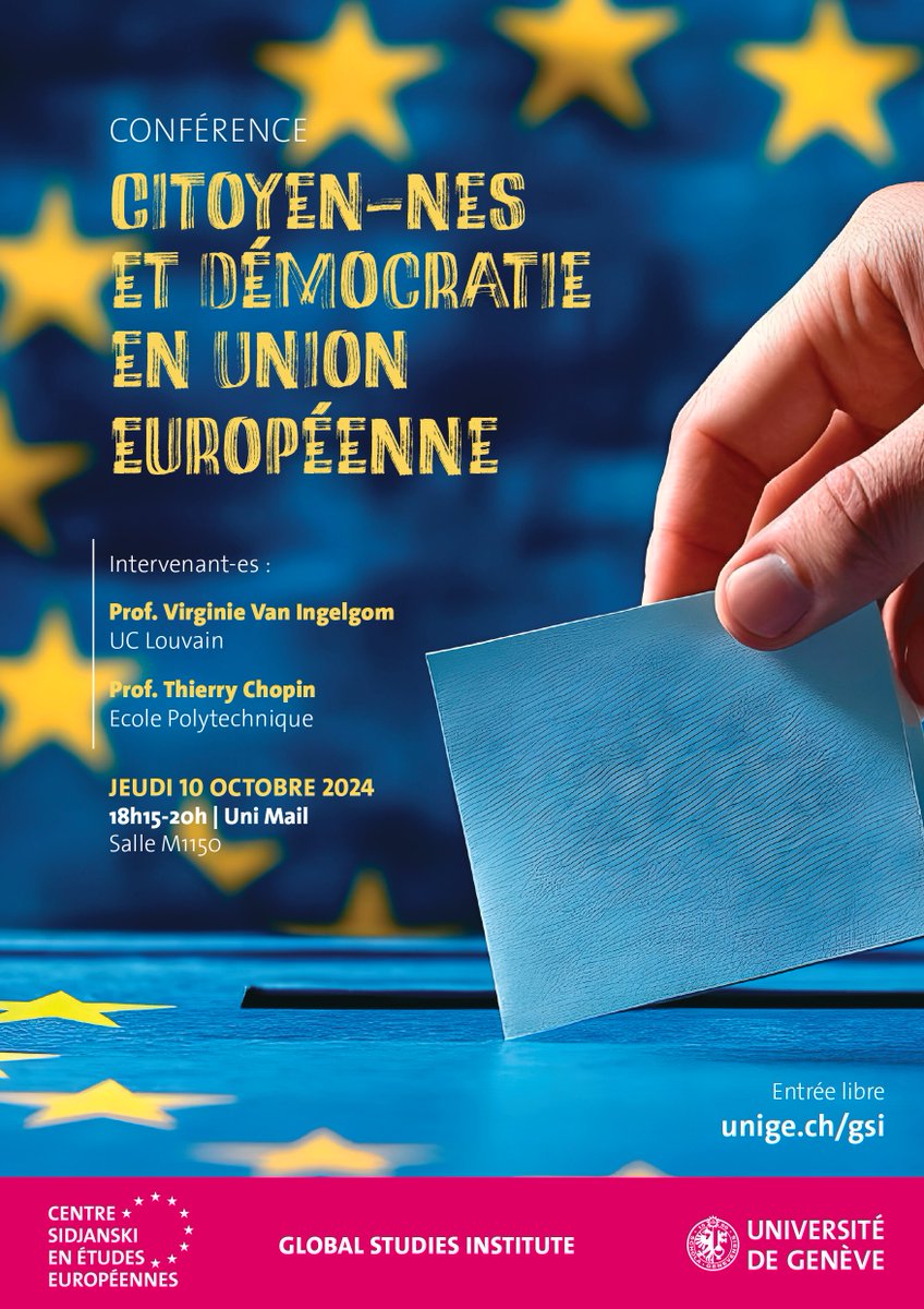 Centre Sidjanski en études européennes (@ccdsee_gsi) on Twitter photo 🚨 J-1 avant la conférence !
Intervenant-es :
Prof. Virginie Van Ingelgom, UC Louvain
Prof. <a href="/Th_Chopin/">Thierry Chopin</a>, Institut Jacques Delors
🗓️10 octobre 2024, 18h15
📍 UniMail, Bd du Pont-d'Arve 40, 1205 Genève, salle M1150
Entrée libre
Plus d’infos 👉unige.ch/gsi/centresidj… 🚨 J-1 avant la conférence !
Intervenant-es :
Prof. Virginie Van Ingelgom, UC Louvain
Prof. <a href="/Th_Chopin/">Thierry Chopin</a>, Institut Jacques Delors
🗓️10 octobre 2024, 18h15
📍 UniMail, Bd du Pont-d'Arve 40, 1205 Genève, salle M1150
Entrée libre
Plus d’infos 👉unige.ch/gsi/centresidj…