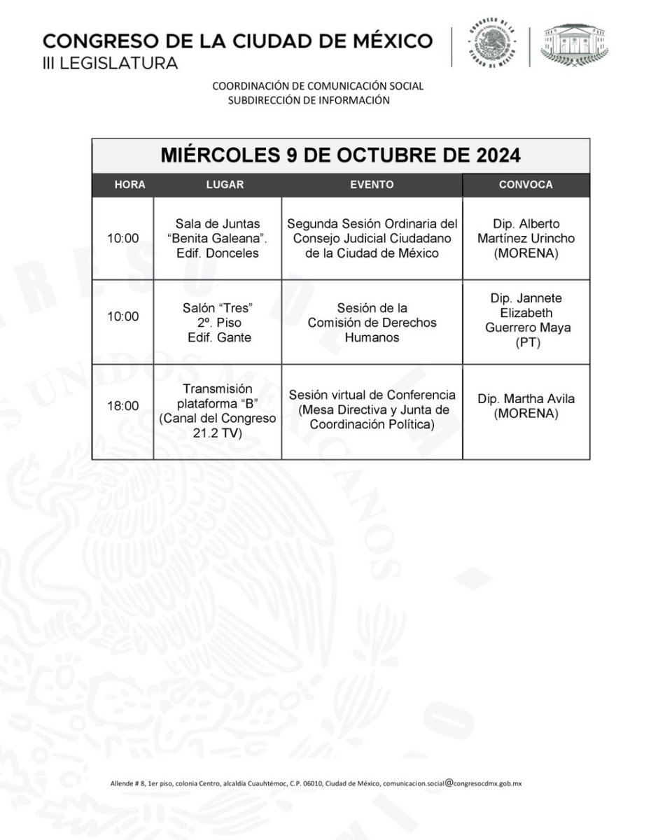 UTCCDMX's tweet photo. Actividades legislativas del @Congreso_CdMex, miércoles 9 de octubre de 2024. https://t.co/yvgTRLe37Z