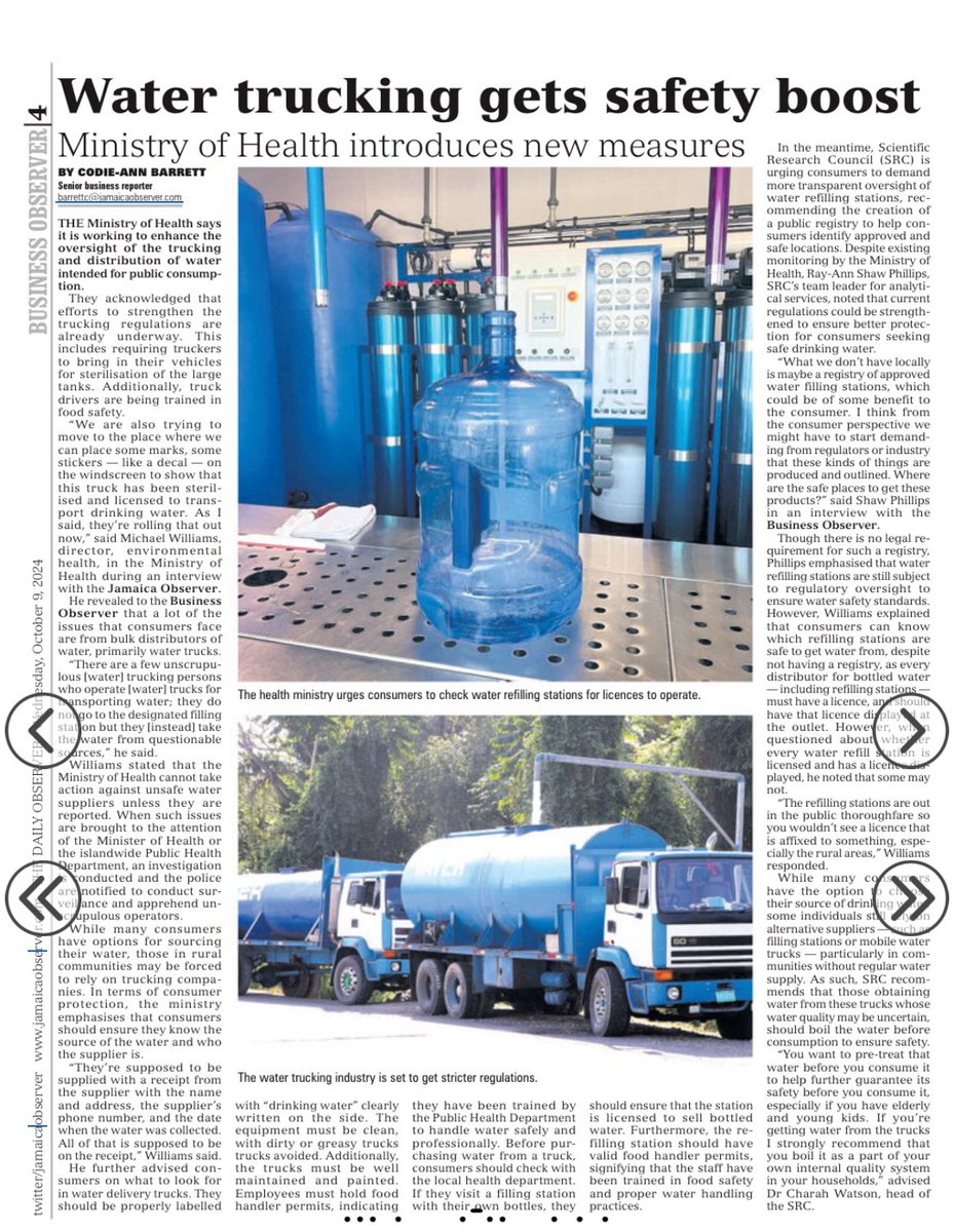 See in today’s <a href="/JamaicaObserver/">Jamaica Observer</a> . New standards established for safe drinking water.