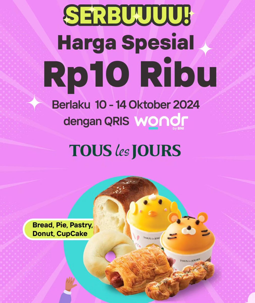 katalogpromosi's tweet image. 🍞✨ Promo TOUS les JOURS 10.10 is here! 
Dapetin roti favorit cuma Rp10.000 dengan QRIS Wondr by BNI. Berlaku dari 10-14 Oktober, yuk jangan sampai ketinggalan ya! #TousLesJoursPromo #Promo1010 #rotienak

info promo selengkapnya, ada di sini katalogpromosi.com/promo-tous-les…