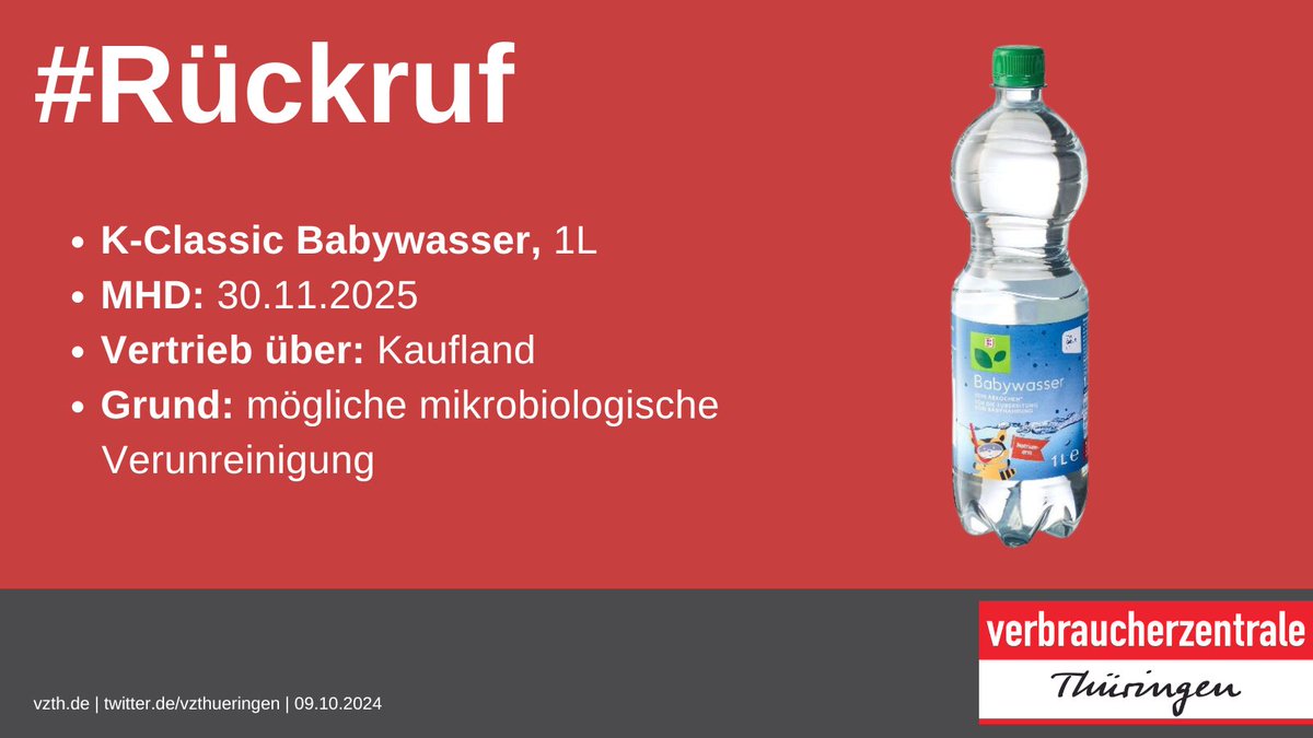 ‼️#Rückruf: K-Classic Babywasser, 1 Liter, MHD: 30.11.2025, Vertrieb über #Kaufland, Grund: mögliche mikrobiologische Verunreinigung
Alle Infos 👉lebensmittelwarnung.de/___lebensmitte…