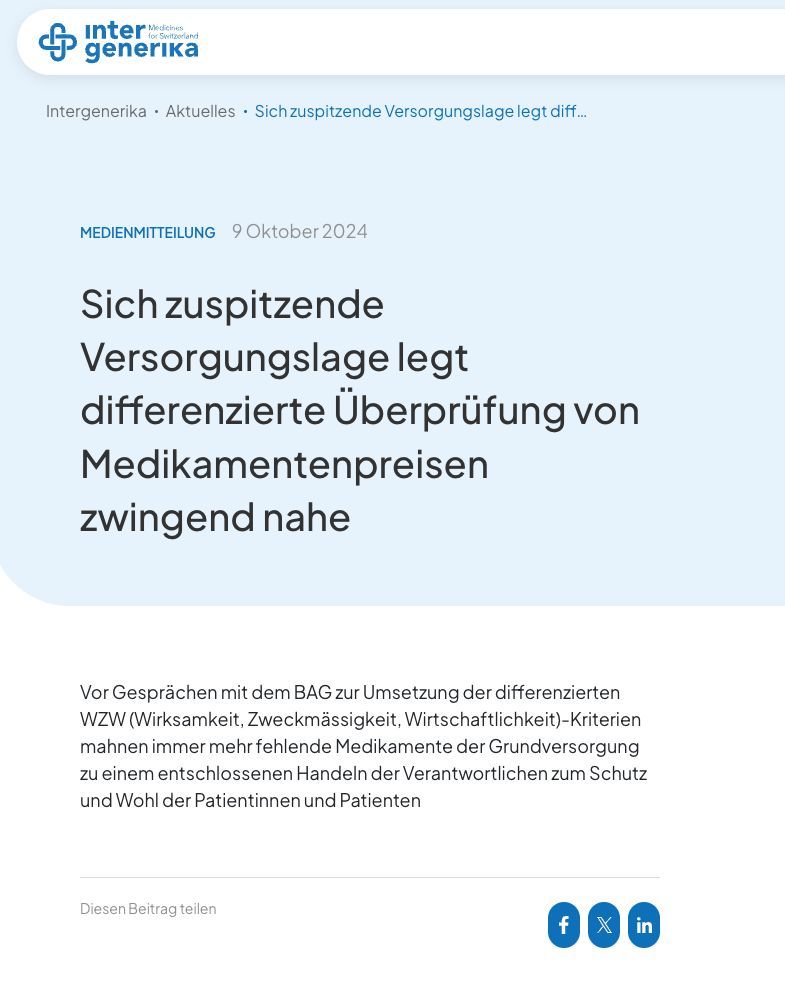 Sich zuspitzende Versorgungslage legt differenzierte Überprüfung von Medikamentenpreisen zwingend nahe.
buff.ly/4eUx8Dh 

#generika #BAG #Medikamentenpreisen
