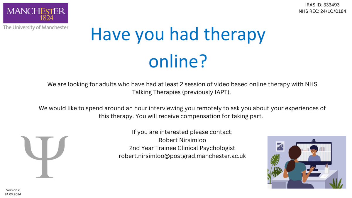 Therapeutic Relationship in Online Video Therapy (@trvideotherapy) on Twitter photo Are you an adult who's had video therapy online? Did you have at least two sessions in the last 6 months? I'd like to talk to you about your experiences. You'll receive compensation for taking part! If interested contact: robert.nirsimloo@postgrad.manchester.ac.uk
<a href="/sjkp121/">Sarah Peters</a> Are you an adult who's had video therapy online? Did you have at least two sessions in the last 6 months? I'd like to talk to you about your experiences. You'll receive compensation for taking part! If interested contact: robert.nirsimloo@postgrad.manchester.ac.uk
<a href="/sjkp121/">Sarah Peters</a>