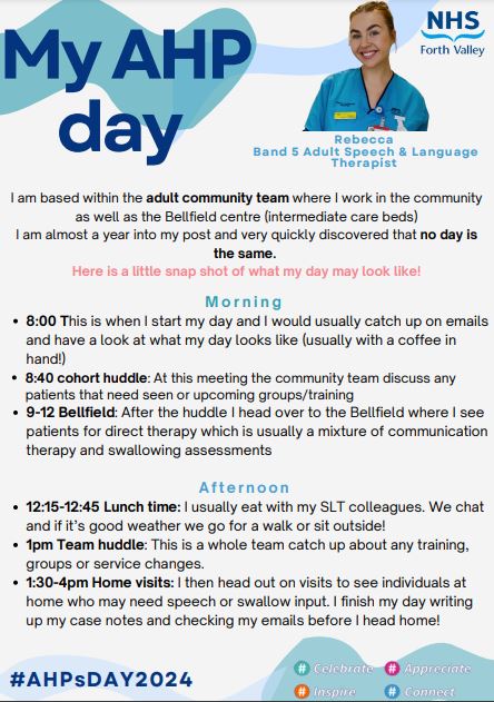NHS Forth Valley Speech & Language Therapy (@slt_fv) on Twitter photo As we continue to mark #AHPsDay, we want to #appreciate the great work done by all of our therapists. Here's a working day in the life of one of our therapists working with adult clients.
#AHPsDayScot #AHPScot #AHPsDay <a href="/NESnmahp/">NESnmahp</a> As we continue to mark #AHPsDay, we want to #appreciate the great work done by all of our therapists. Here's a working day in the life of one of our therapists working with adult clients.
#AHPsDayScot #AHPScot #AHPsDay <a href="/NESnmahp/">NESnmahp</a>