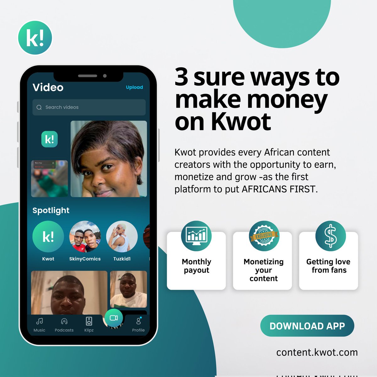 Popular question: How can I make money on Kwot?

Here's the three key ways you can earn money on  Kwot
The beauty of our platform is that your earning potential is directly tied to your creativity and engagement. There's no cap on how much you can earn - it all depends on you.