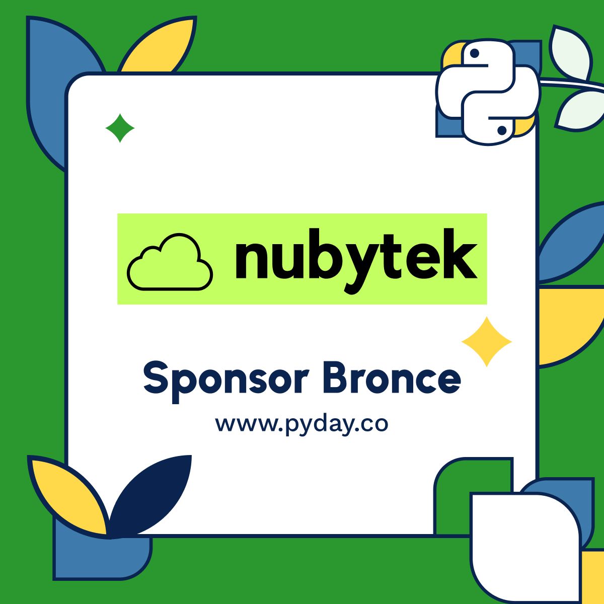 pythoncali's tweet image. Queremos agradecerle a Nubytek por apoyar nuestro evento como Sponsor Bronce 🥳  Nubytek es un equipo con base en Cali que está incorporando empresas a las mejores tecnologías de la nube. ☁️ 
Más sobre sus servicios: buff.ly/3BLSOmy 
#pydaycali2024 #python #pyday #cop16
