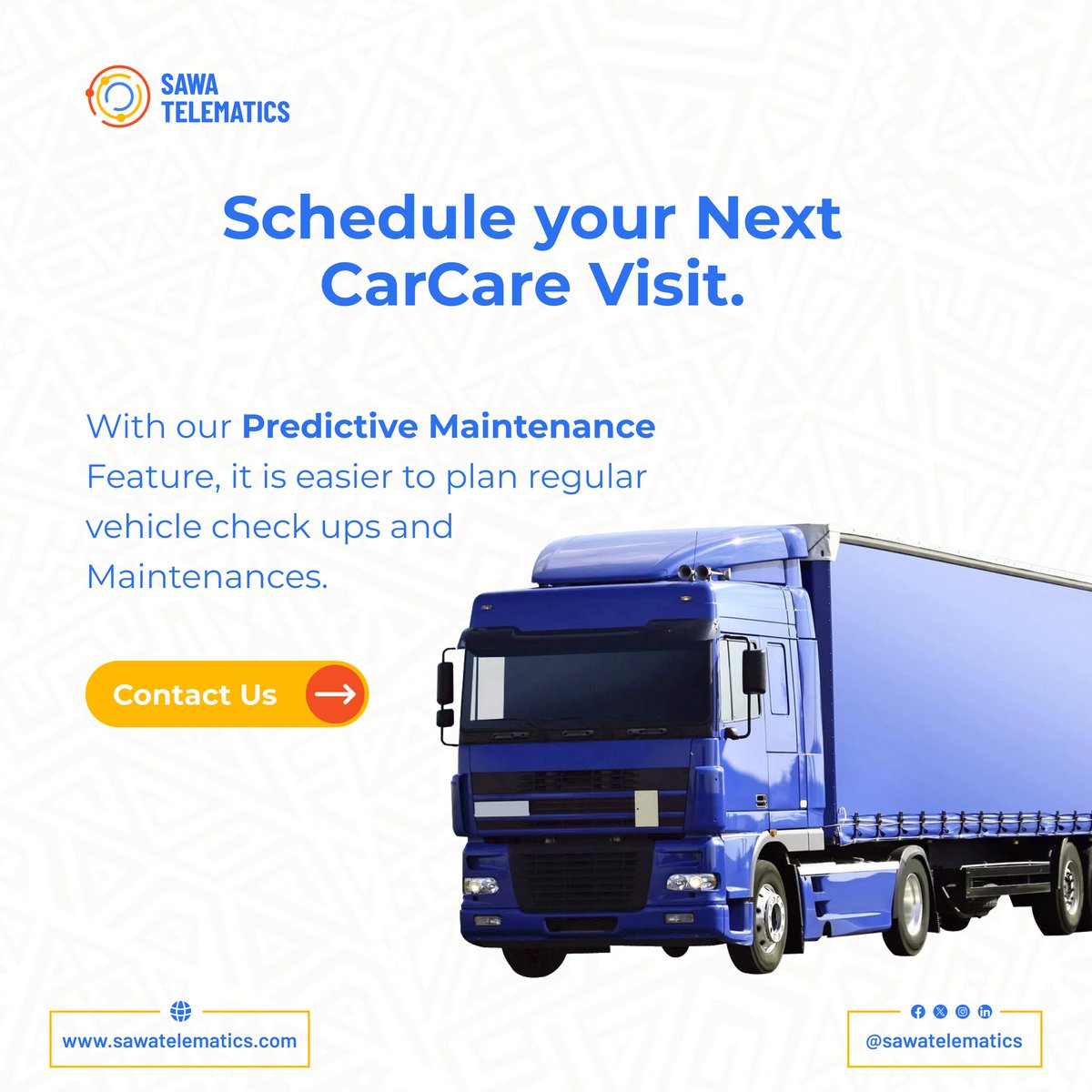 Don’t wait for Breakdowns! Schedule your next care visit with Sawa Telematics and keep your fleet running at its best.

#Sawatelematics  #FleetManagement