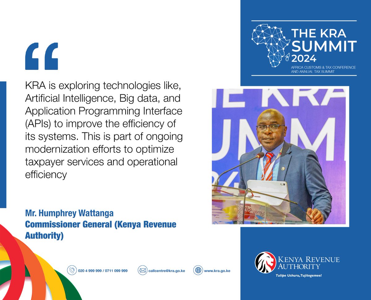 KRA is embracing cutting-edge technologies like IoT, AI, Big Data, and APIs to modernize and optimize taxpayer services and boost operational efficiency. These efforts are a key part of our commitment to innovation and enhanced service delivery.

#KRASummit2024