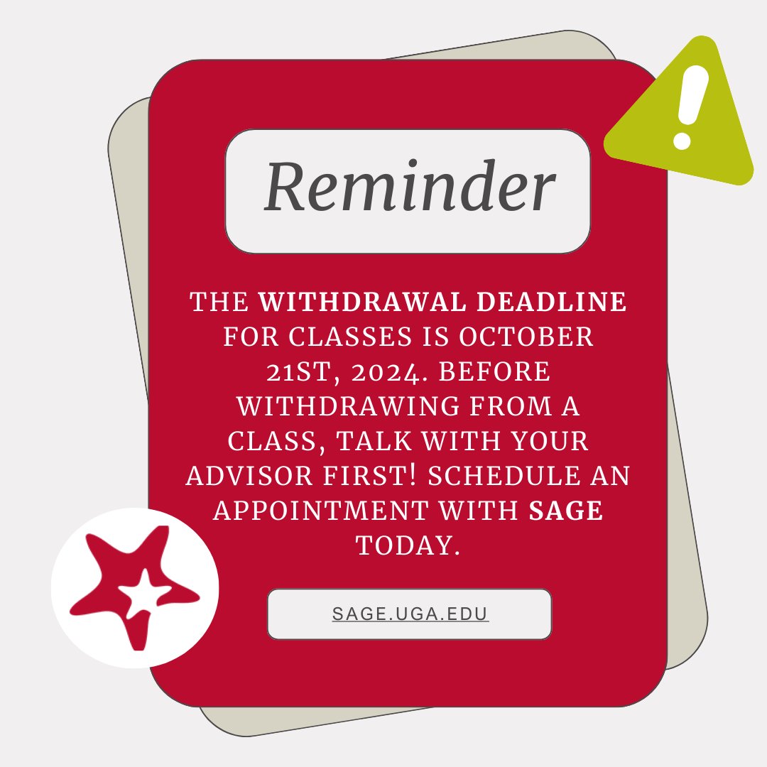 uga_eits's tweet photo. The withdrawal deadline is approaching—less than two weeks away! Before making any important academic decisions, be sure to consult with your advisor. You can easily schedule an appointment in SAGE today! #EITS #UGA https://t.co/lzy0UsOuMt