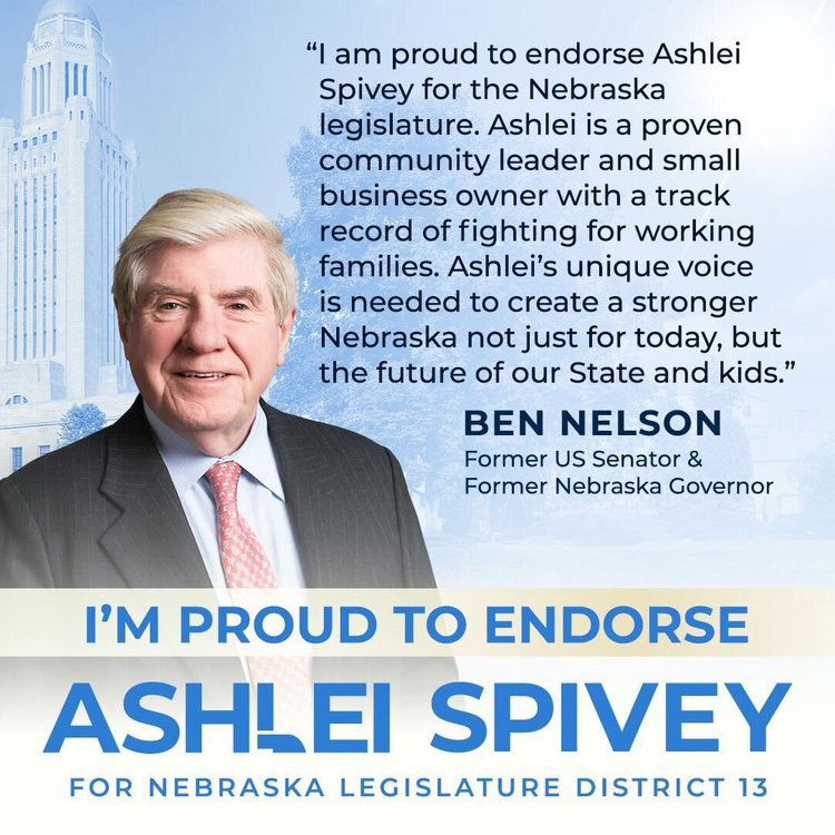 Sen. Ben Nelson does not endorse many folks…but he is standing up for @ashleiforne to make sure folks know who the Democratic candidate in LD13 is! Spivey will stand up to protect the 🔵 split electoral vote, unions, public schools and reproductive rights.