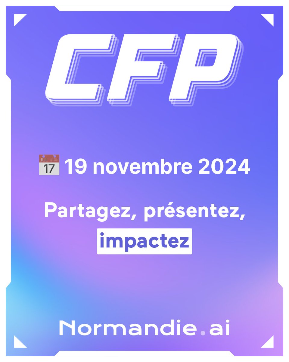 🚨 Call for papers 📣

Ça fait maintenant un peu plus d’une semaine que nous avons ouvert le CFP. Nous avons déjà reçu beaucoup de propositions intéressantes qu’on a hâte de vous partager !

Pour postuler, ça se passe juste ici 👇
conference-hall.io/normandie-ai

#NormandieAI