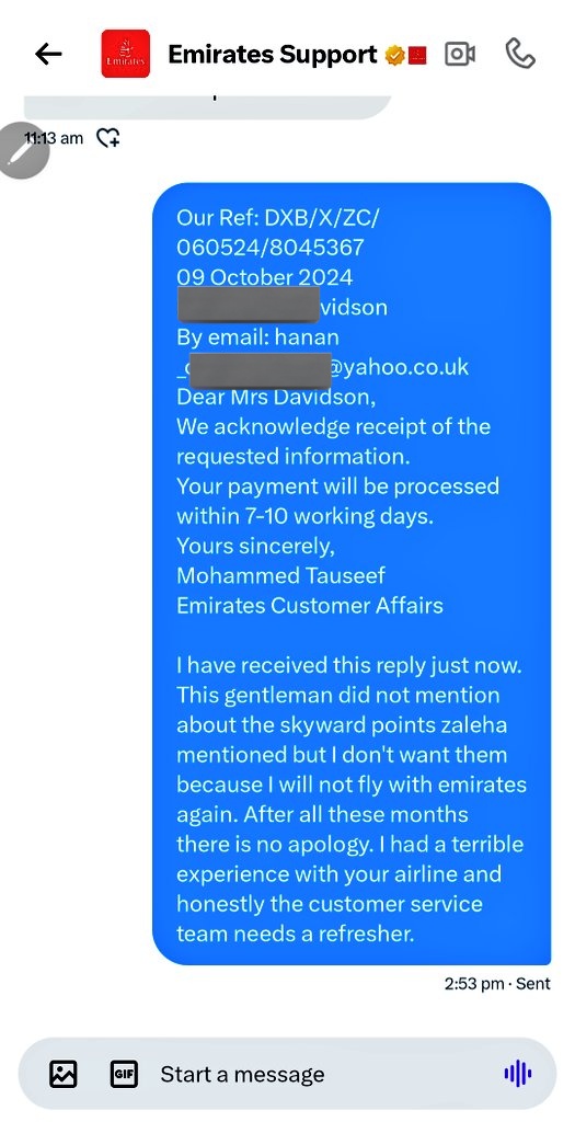 HamsarHanan's tweet photo. @emirates I did tell you that you have a terrible customer service team who needs a refresher. After so many months, they can't even apologise. Pathetic communication and Pathetic service. Don't travel emirates. I wonder what happened to the top airline in the world https://t.co/QylceQ0QyF