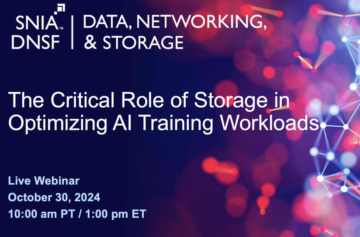 SNIADNSF's tweet photo. Register for our live webinar Oct 30, "The Critical Role of Storage in Optimizing AI Training Workloads." Learn how AI models interact with storage systems during training with a focus on data loading &amp; checkpointing mechanisms.  Register here: https://t.co/GrzQdthhkB https://t.co/eqIj1s52yw