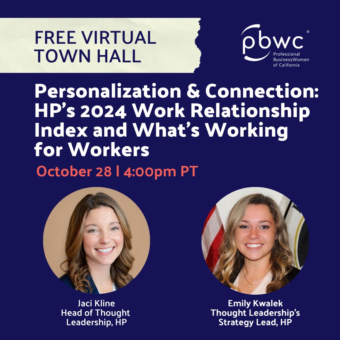 pbwc's tweet image. @HP’s 2024 #WorkRelationshipIndex is here, and the insights may surprise you. Join #PBWC for a free #TownHall on October 28 with HP’s Jaci Kline &amp;amp; Emily Kwalek to explore what’s driving employee satisfaction today. Register now! ow.ly/3j3i50THb4A

#EmployeeExperience #AI
