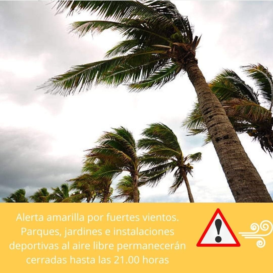 📢Hoy 9 de octubre, los parques, jardines e instalaciones deportivas al aire libre de la ciudad permanecerán cerradas 🔒 hasta las 21:00 horas debido a la alerta amarilla por fuertes vientos ‼️🌪️🌧️
