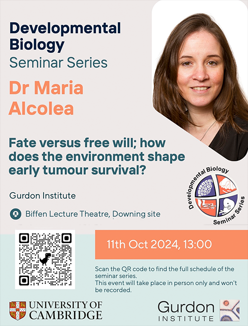 Gurdon Institute (@gurdoninstitute) on Twitter photo The Developmental Biology Seminar Series is back and we're thrilled to host <a href="/MariaPAlcolea/">Maria Alcolea</a>.
🗓 Friday, 11th of October at 1 pm
🎙️ Fate versus free will; how does the environment shape early tumour survival?
📍Biffen Lecture Theatre, Downing site The Developmental Biology Seminar Series is back and we're thrilled to host <a href="/MariaPAlcolea/">Maria Alcolea</a>.
🗓 Friday, 11th of October at 1 pm
🎙️ Fate versus free will; how does the environment shape early tumour survival?
📍Biffen Lecture Theatre, Downing site