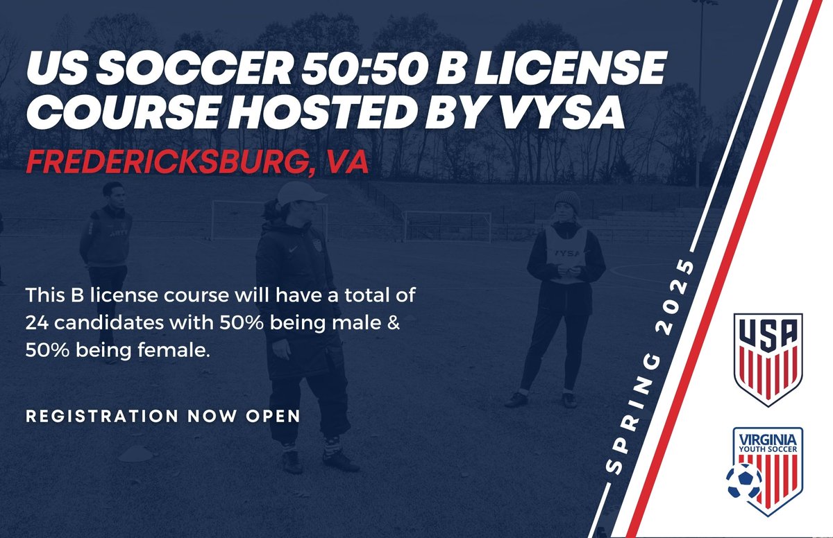 vayouthsoccer's tweet photo. Registration is now open for the first-of-its-kind 50:50 U.S Soccer National B-License course! ⚽️

This B License will allow for 12 female coaches &amp; 12 male coaches, alongside 1 female instructor and 1 male instructor!

Register at https://t.co/xaAZPdhneh https://t.co/343BIA3iyy