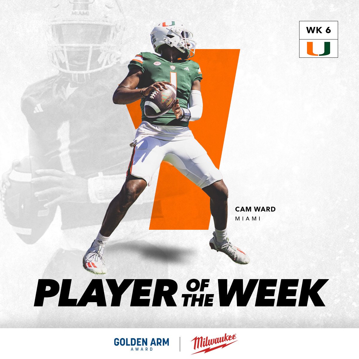 Clutch Cam 🙌

Cam Ward threw for 437 yards and was responsible for 3 touchdowns in Miami’s comeback win against Cal, earning him Milwaukee Tool Player of the Week honors!