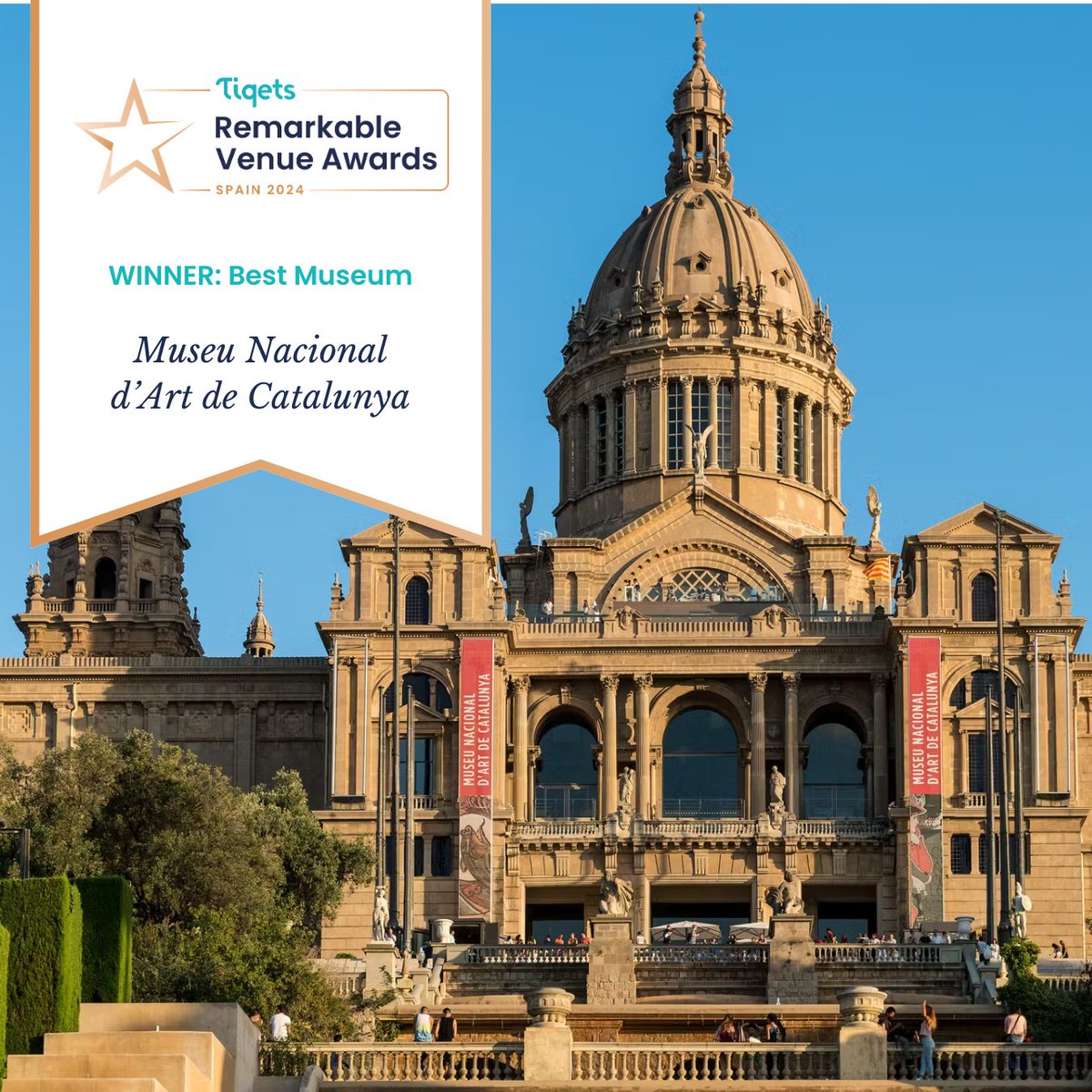 MuseuNac_Cat's tweet photo. El #MNAC ha estat guardonat amb dos premis de @Tiqets: Best Museum i Most Remarkable Venue! 🏆✨ Un reconeixement a l'excel·lència i al nostre compromís a oferir experiències inoblidables!

Gràcies a tot l'equip del Museu Nacional i als nostres visitants per fer-ho possible!  👏 https://t.co/DSlbu8Vq5E