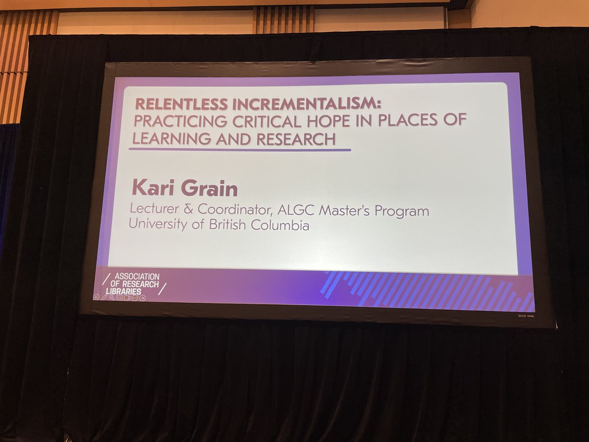 We, @ARLNews, just concluded hearing the keynote remarks from <a href="/KariGrain1/">Kari Grain, PhD</a> on the topic "relentless incrementalism: practicing critical hope in places of learning and research." 
#ARLMeetings