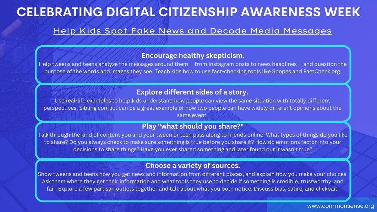 Today's #DigitalCitizenshipWeek resource helps parents talk to their children about deciphering social media messaging. For more resources, go to commonsensemedia.org.