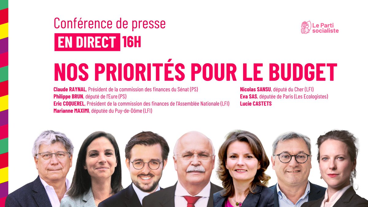 Parti socialiste (@partisocialiste) on Twitter photo 🔴 Suivez en direct la conférence de presse du #NouveauFrontPopulaire sur nos priorités pour le budget
Avec <a href="/ClaudeRaynal/">Claude Raynal</a>, <a href="/p_brun/">Philippe Brun</a>, <a href="/ericcoquerel/">Eric Coquerel</a>, <a href="/MarianneMaximi/">Marianne Maximi</a>, <a href="/NicolasSansu/">Sansu Nicolas</a>, <a href="/_EvaSas/">Eva SAS</a> et <a href="/CastetsLucie/">Lucie Castets</a>.
→ À suivre sur Youtube : youtube.com/live/QxsWUA9eK… 🔴 Suivez en direct la conférence de presse du #NouveauFrontPopulaire sur nos priorités pour le budget
Avec <a href="/ClaudeRaynal/">Claude Raynal</a>, <a href="/p_brun/">Philippe Brun</a>, <a href="/ericcoquerel/">Eric Coquerel</a>, <a href="/MarianneMaximi/">Marianne Maximi</a>, <a href="/NicolasSansu/">Sansu Nicolas</a>, <a href="/_EvaSas/">Eva SAS</a> et <a href="/CastetsLucie/">Lucie Castets</a>.
→ À suivre sur Youtube : youtube.com/live/QxsWUA9eK…