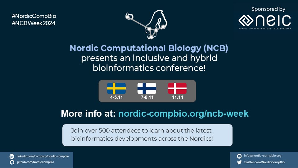 Join us for a dynamic gathering of bioinformaticians at the NCB conference in Sweden (Uppsala, 4-5 Nov), Finland (Helsinki, 7-8 Nov) and Denmark (Copenhagen 11 Nov) "hybrid &amp; free of charge". More info here nordic-compbio.org/ncb-week #Bioinformatics #ComputationalBiology #conference