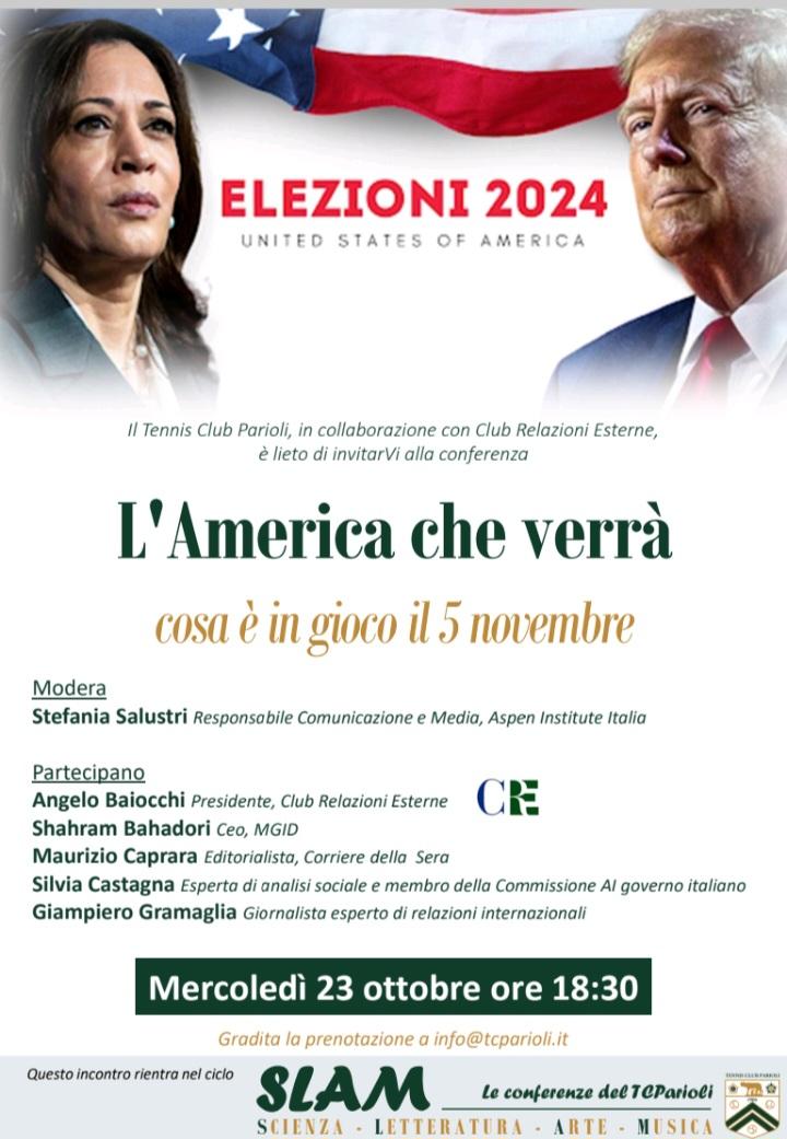 SAVE THE DATE - I DIALOGHI DEL CRE " L'America che verrà : cosa è in gioco il 5 novembre" - mercoledì 23 ottobre ore 18.30 Circolo Parioli, Largo Uberto de Morpurgo, 2, Roma